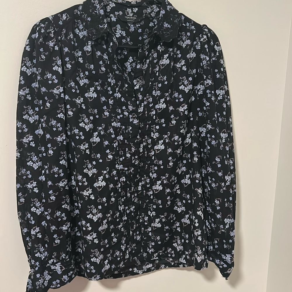 Lucky Brand Blue Floral Flower Lace Collar Long Sleeve Button Down Shirt Boho